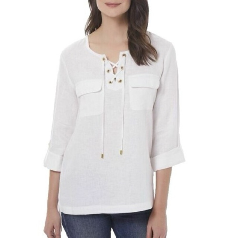 ELLEN TRACY White Linen Lace-Up Blouse Women’s Top - Picture 13 of 13